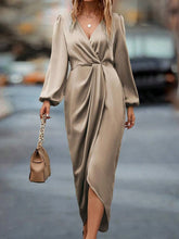 Satin Crepe V-Neck Ruched Slit Elegant Cocktail Party Dress